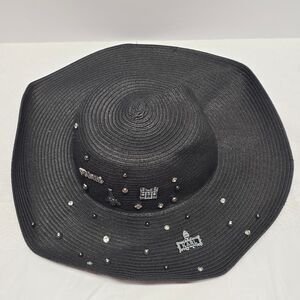Karl Lagerfeld Black Straw Signature Pin Studs Paris Charm Embellished Sun Hat